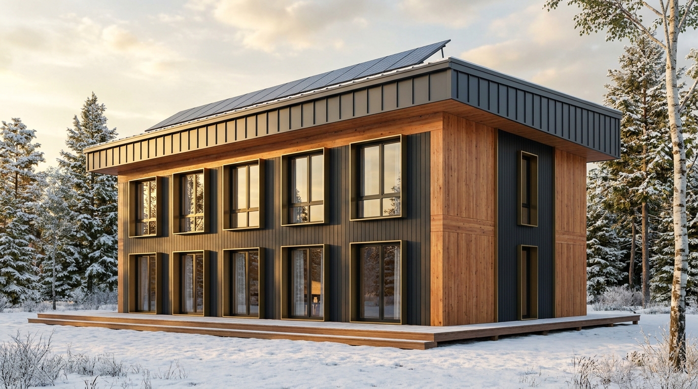 霜の巣 外観 — AI render based on BIM specs