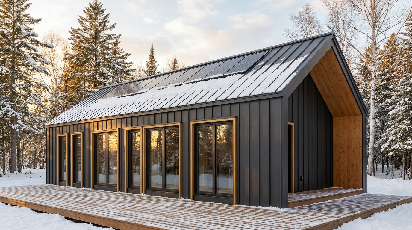 雪の小屋 外観 — AI render based on BIM specs